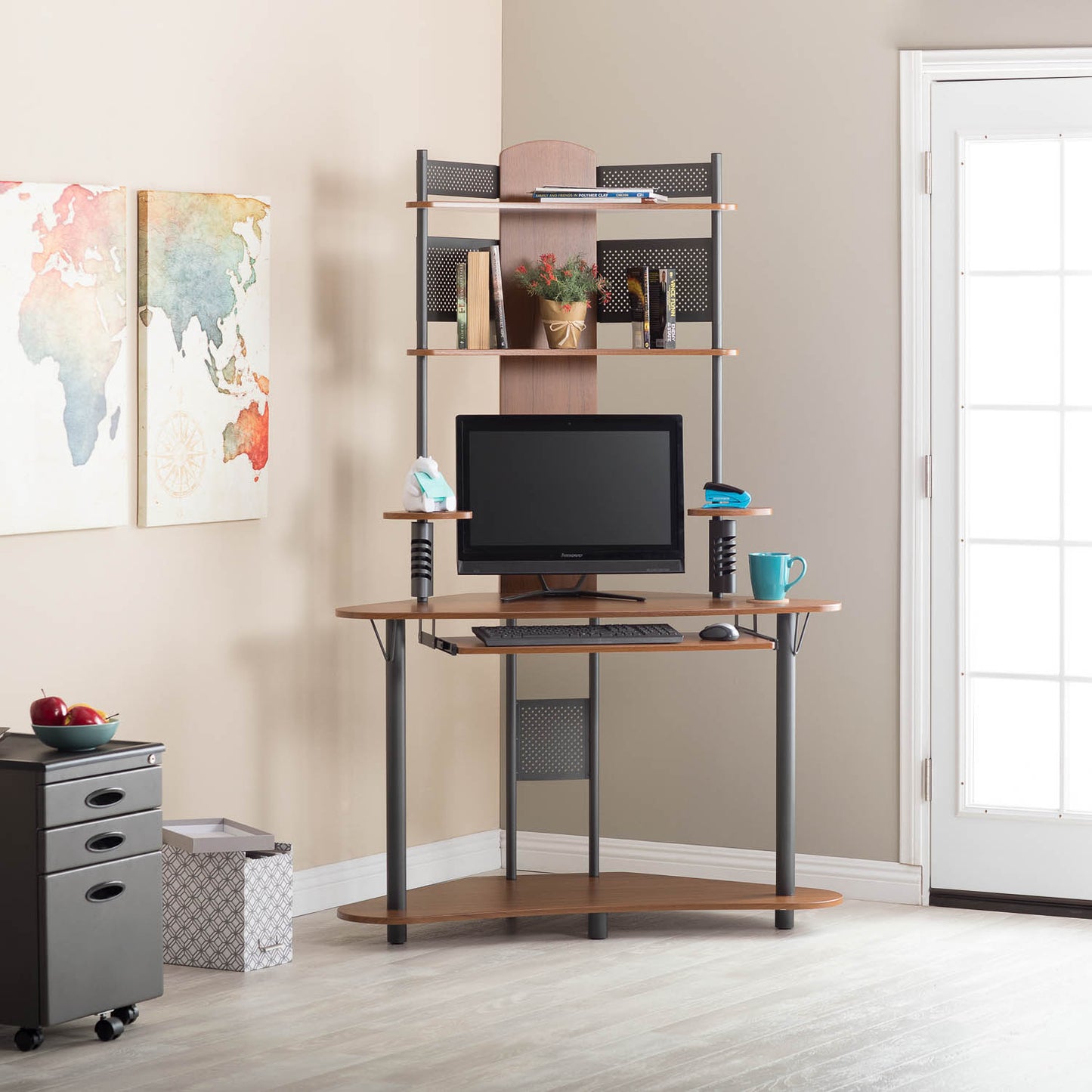 Arch Corner Computer Tower Desk with Hutch Space Saving