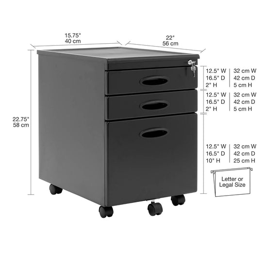 Metal Mobile File Cabinet with 3-Locking Drawers